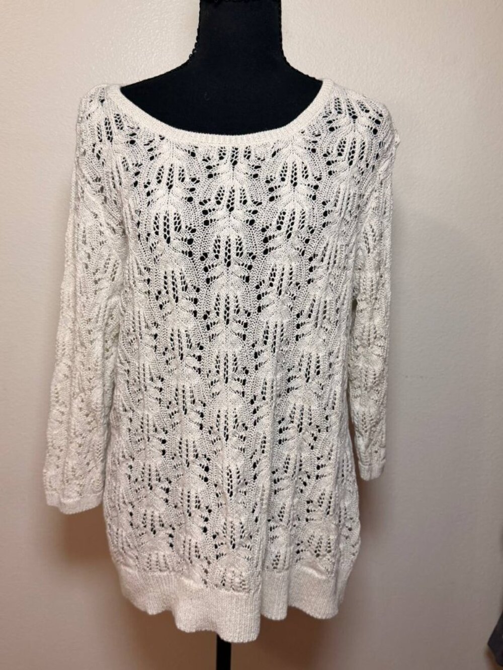 J.Jill Ivory Crochet Knit Sweater Open Weave Cottagecore Boho Style
